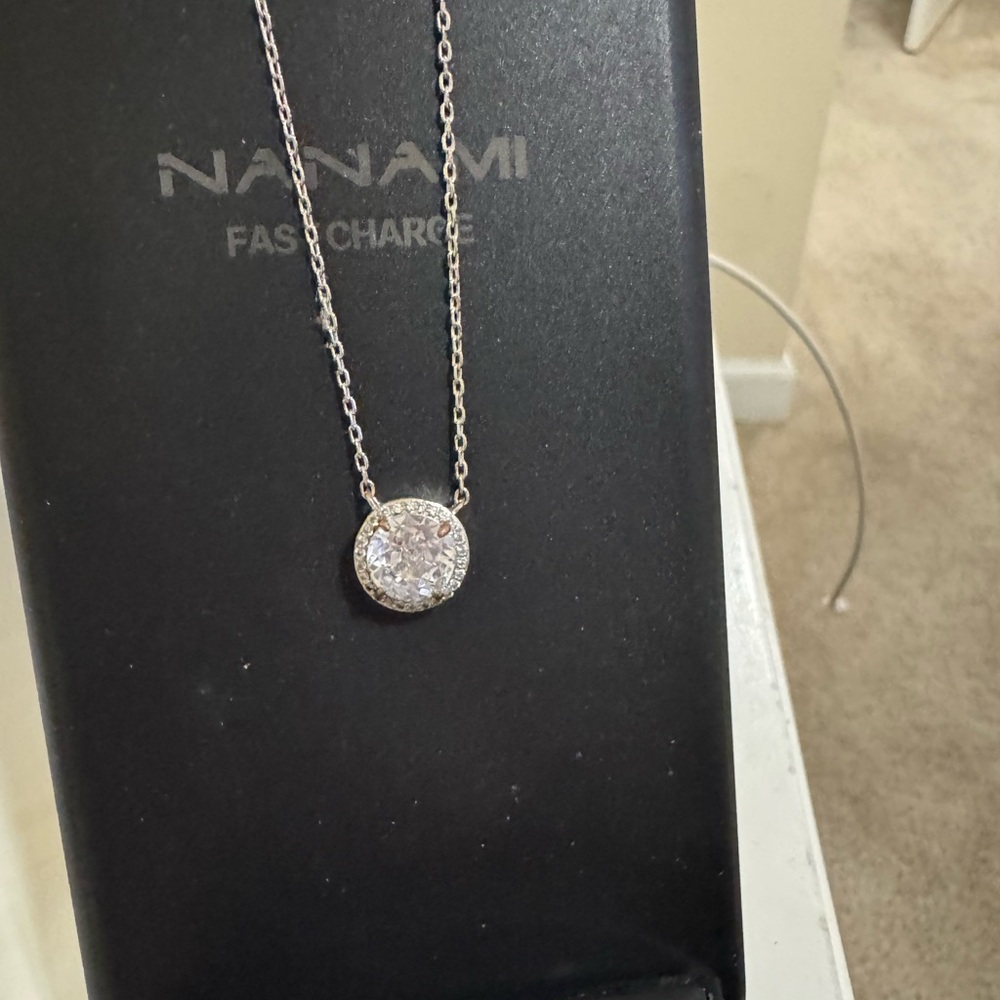 Henri Bendel Silver Necklace with Crystal Pendant 2.5 carat cz.